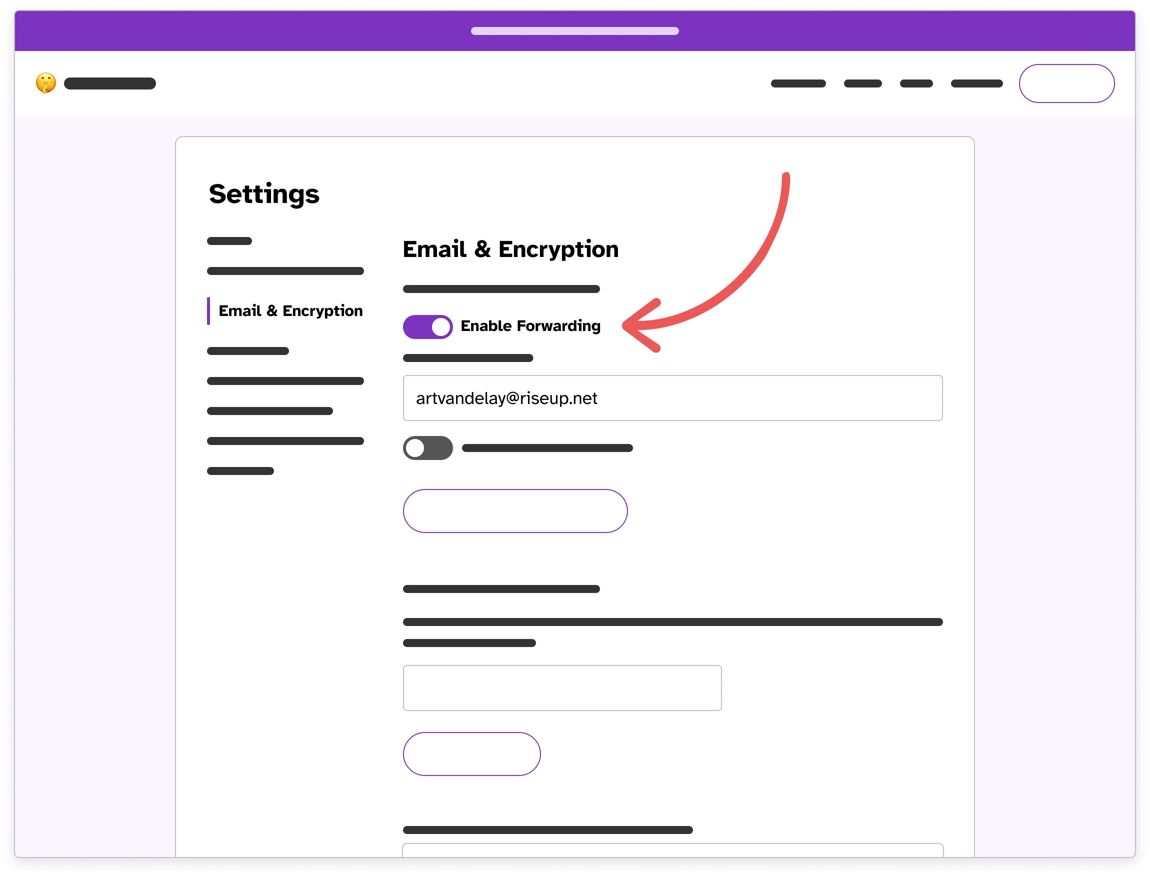 Wireframe of the Email & Encryption tab in Settings with an arrow pointing to the Message Forwarding toggle.