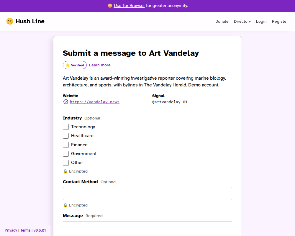 Desktop view of a Hush Line public tip line form